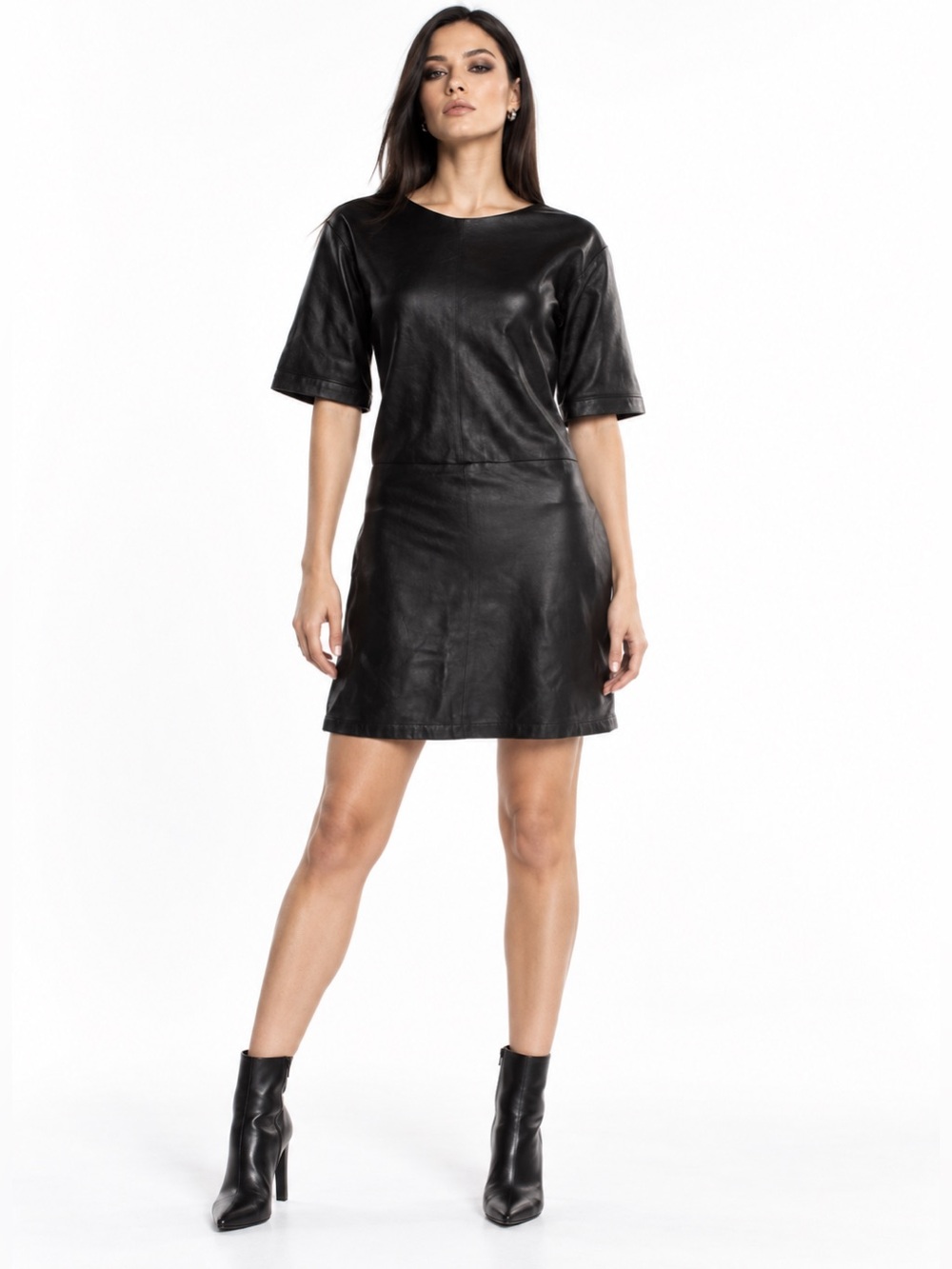 FRAME Black Lamb Leather Short Sleeve Mini Dress Size M